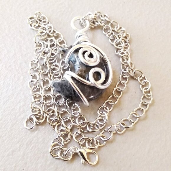 Chunky Larvikite Moon Pendant! Wire Wrapped - Gray Silver Black Labrador… - Picture 9 of 12